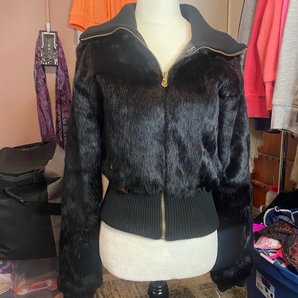Rocawear Black Rabbit Fur Jacket with Gold Accents